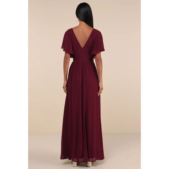 Lulus Convincing Grace Burgundy Flutter Sleeve Wrap Maxi Dress Size XL NWT - Picture 2 of 9